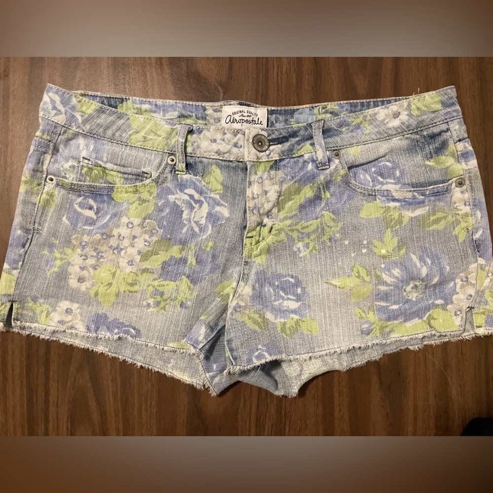 Aeropostale Women's Floral Jean Shorts - Blue and Green